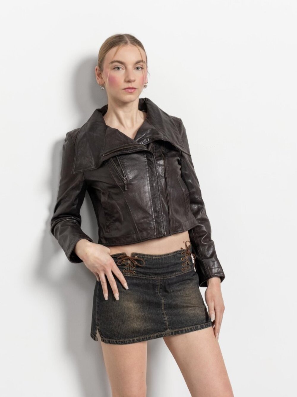 BROWN LEATHER JACKET Vintage Zip Up Coat Woman 2000's Y2K Motorcycle / Small - Picture 10 of 10